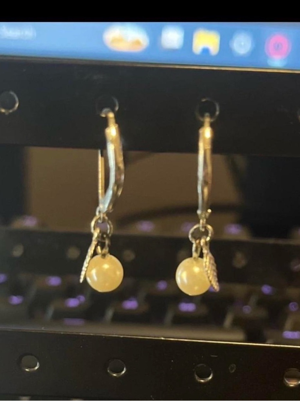 Cream Pearl Drop Hoop Earrings with Leaf Accent